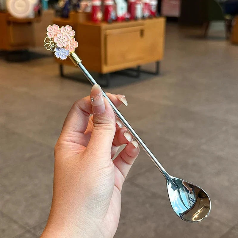 Stainless Steel Cherry Blossom Dessert Spoons, Set of 2