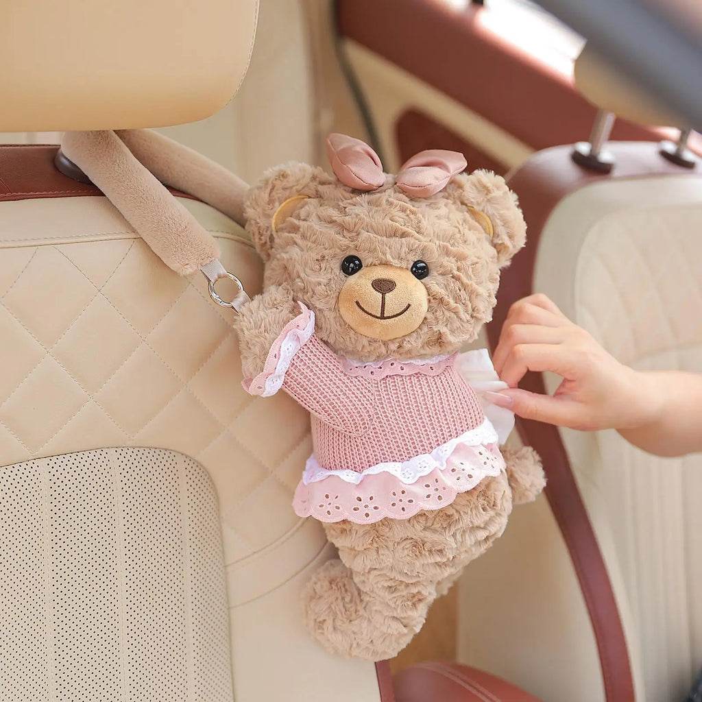 Cute Bear Car Tissue Box Holder – Plush Car Decor Accessory