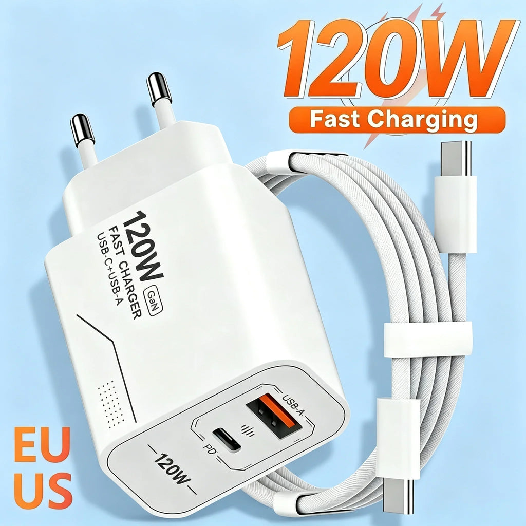 120W GaN 2-Port USB-C PD Fast Wall Charger – US & EU Plug