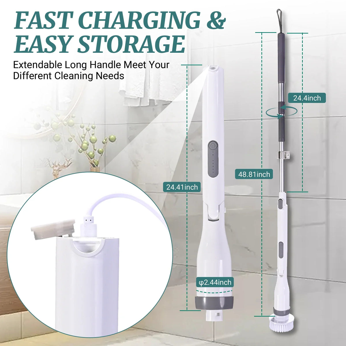 Electric Spin Scrubber IPX7 Waterproof – Adjustable Aluminum Handle