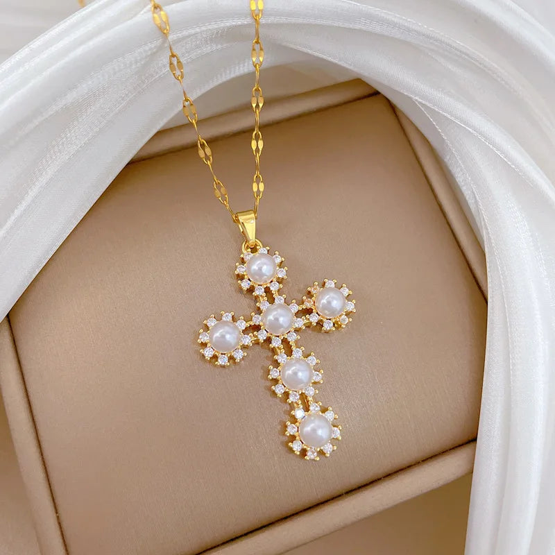 Women's Gold Cross Pendant Necklace – Zircon & Stainless Steel