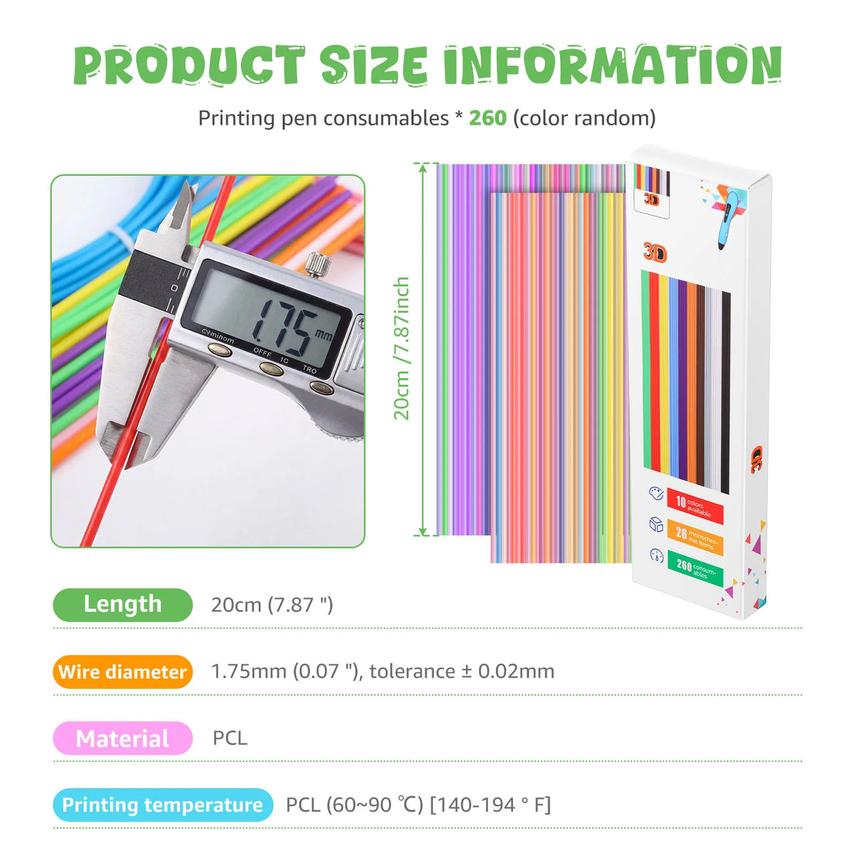 PCL 3D Pen Filament Refills 260/560Pcs – Low Temp, 10/20 Colors