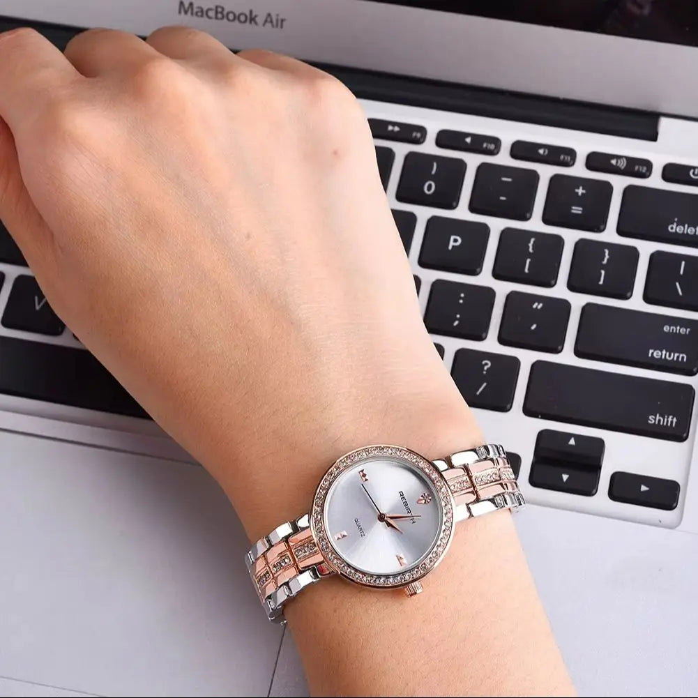 REBIRTH Women's Rose Gold Quartz Watch Diamond Bezel | Gift