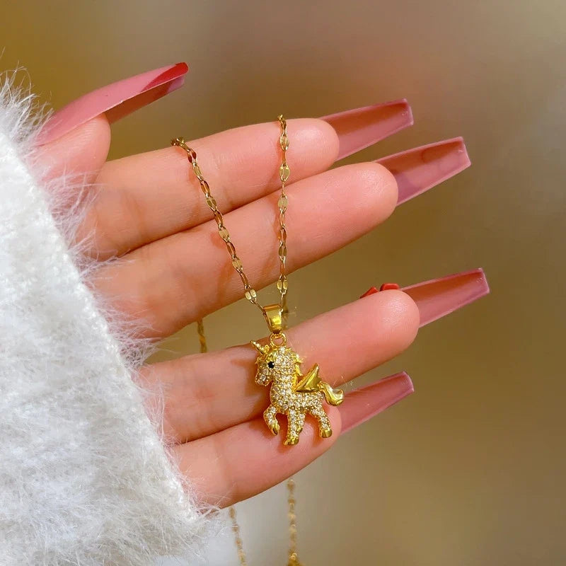 Zircon Unicorn Pendant Necklace | Gold-Plated Women's Jewelry