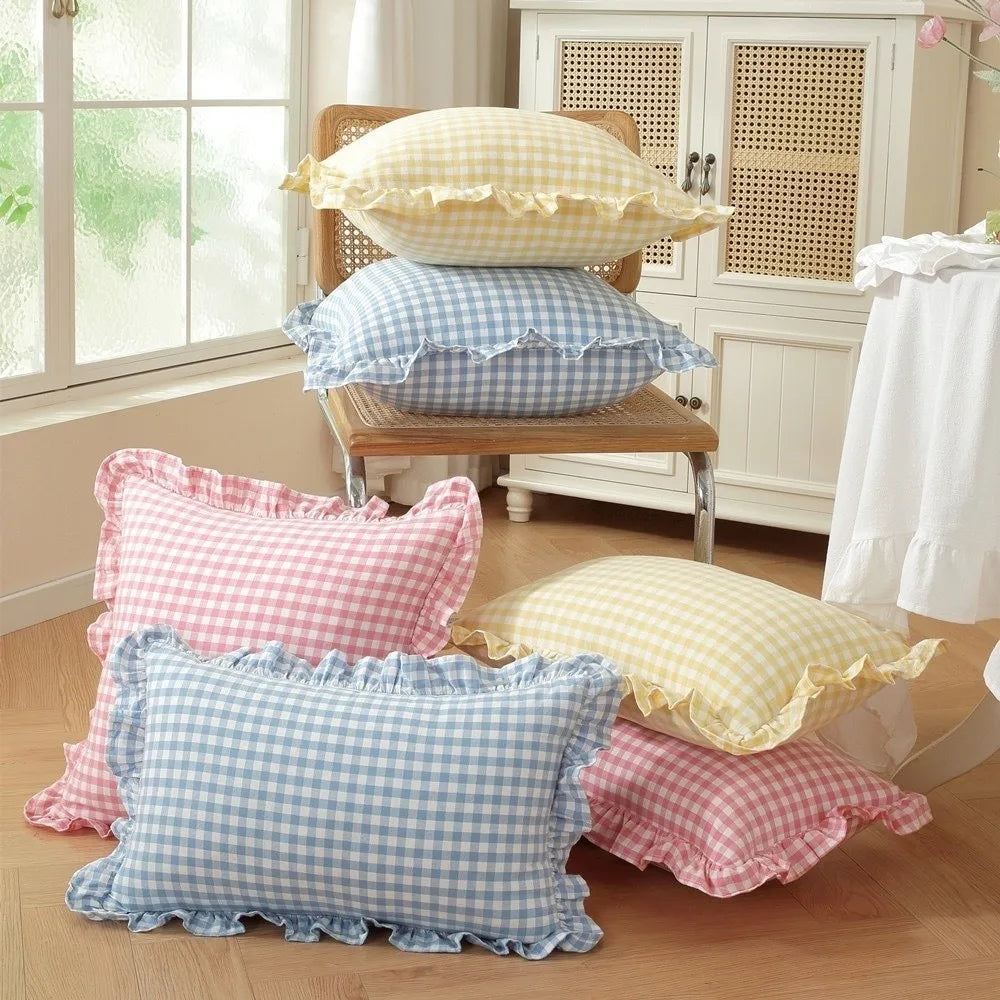 Ruffled Lotus Leaf Throw Pillow Cover | Plaid Soft Polyester