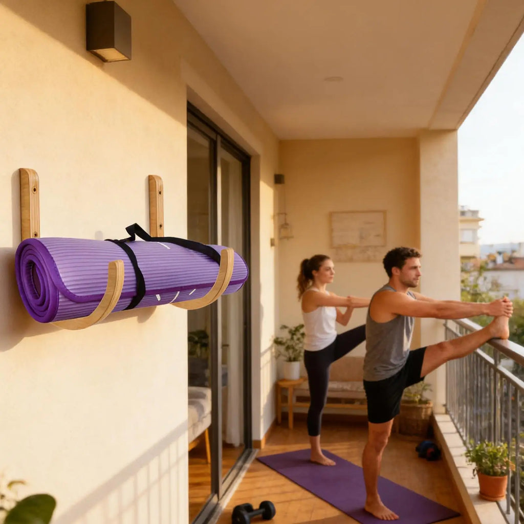 Wooden Yoga Mat Wall Mount Rack – 2-Piece Storage Set