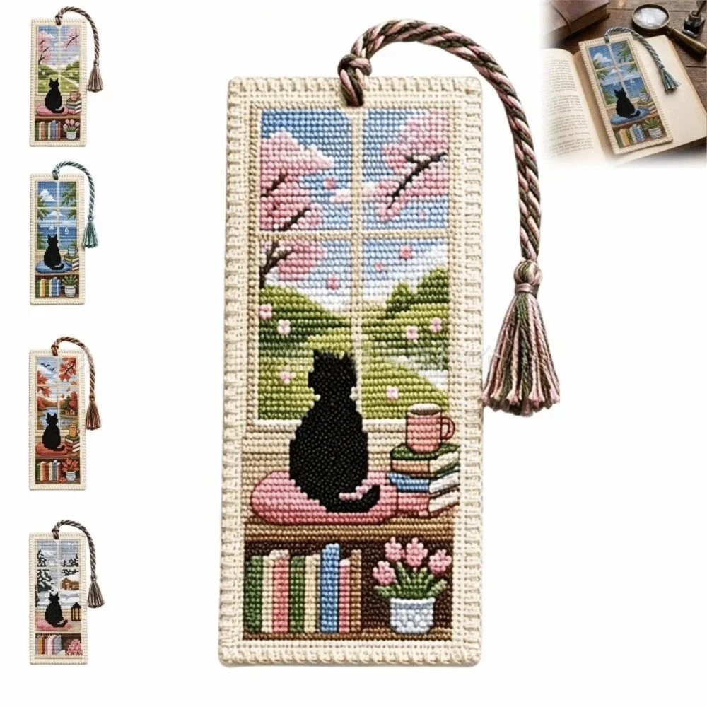 Seasonal Cat Cross Stitch Bookmark DIY Kit with Braided Tassel