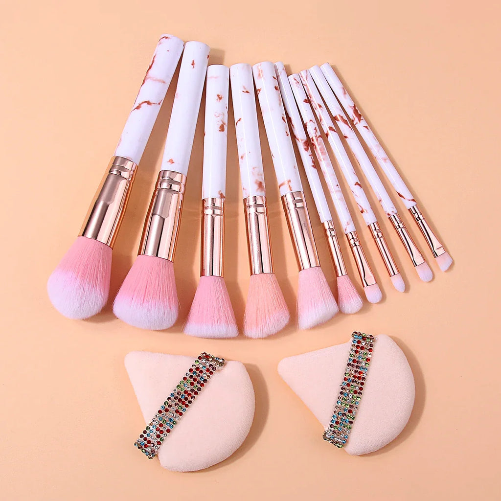 12-Piece Marble Makeup Brush Set with Rhinestone Puffs | Nixie
