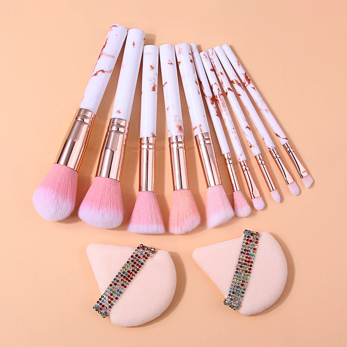 12-Piece Marble Makeup Brush Set with Rhinestone Puffs | Nixie