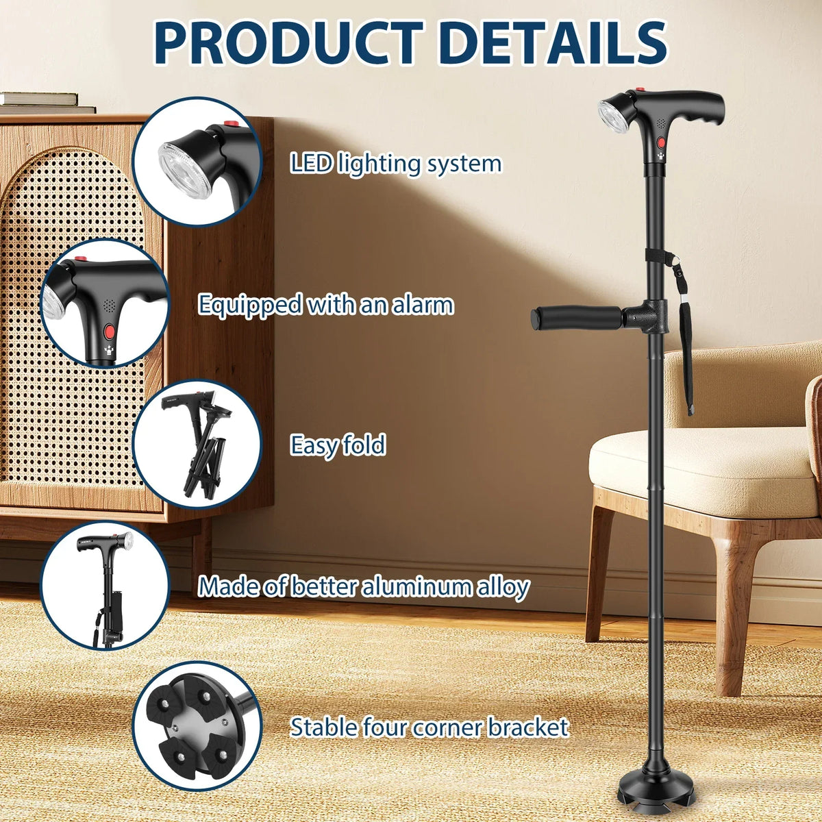 Folding Walking Cane with LED Light & SOS Alarm | Aluminum