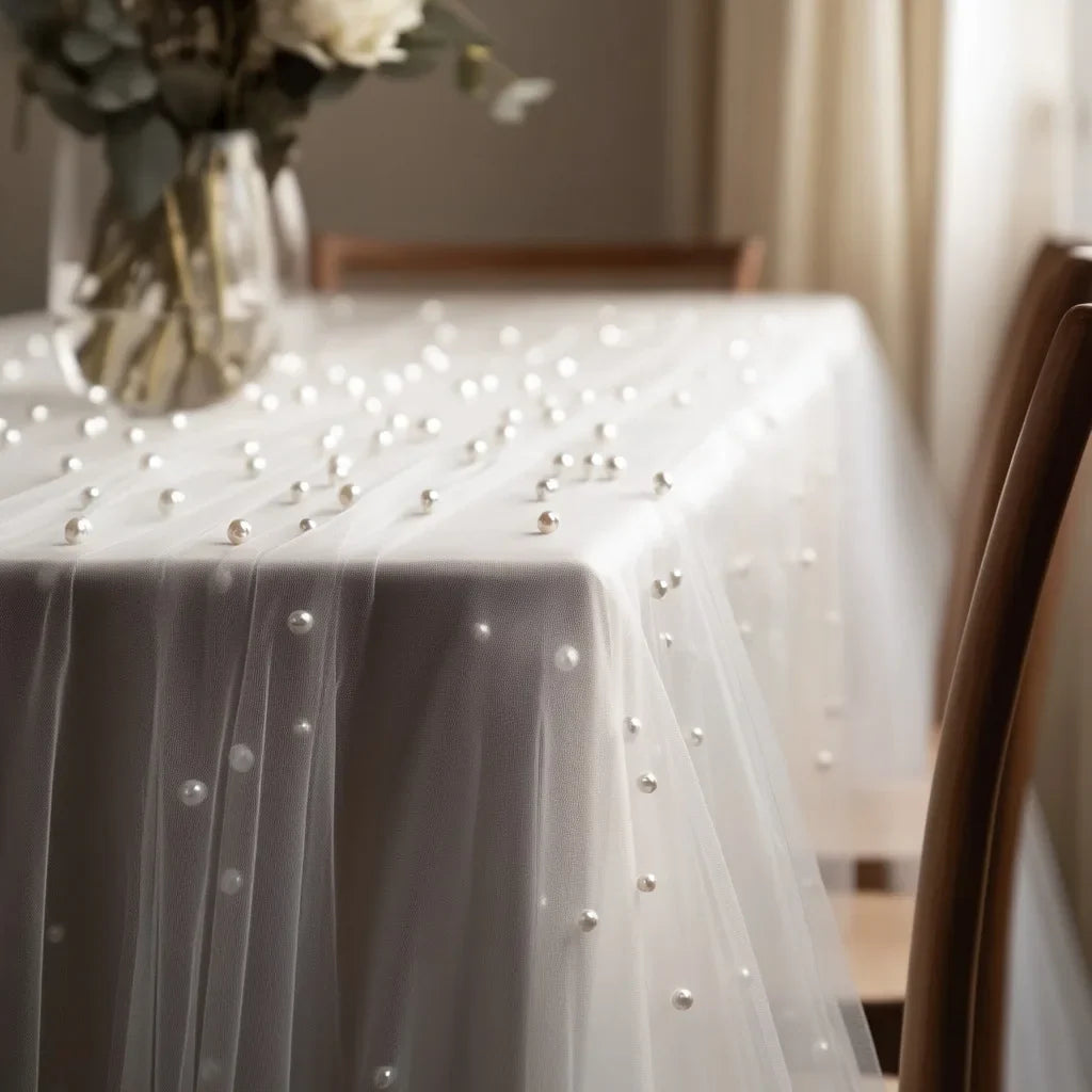 Pink Gauze Table Runner – Pearl Mesh Wedding & Party Decor