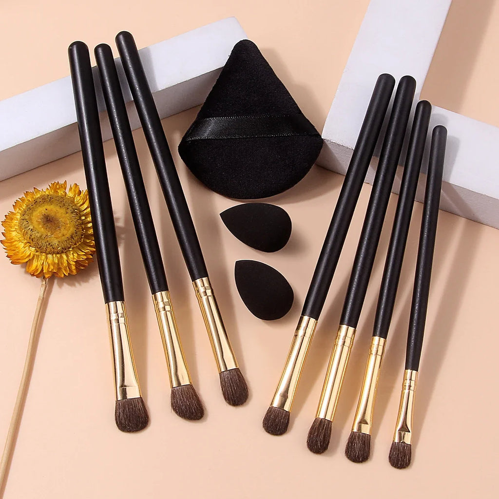 10Pcs Horsehair Eyeshadow Makeup Brush Set & Beauty Sponge