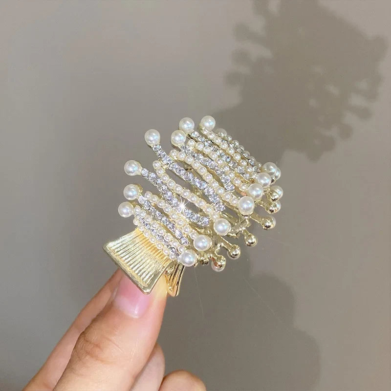 Korean Pearl Crystal Hair Claw Clips – Geometric Style