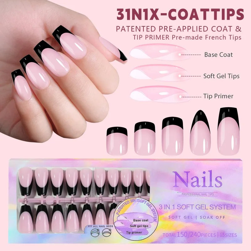 Black Pink French Tip Press On Nails with Rhinestone 24pcs