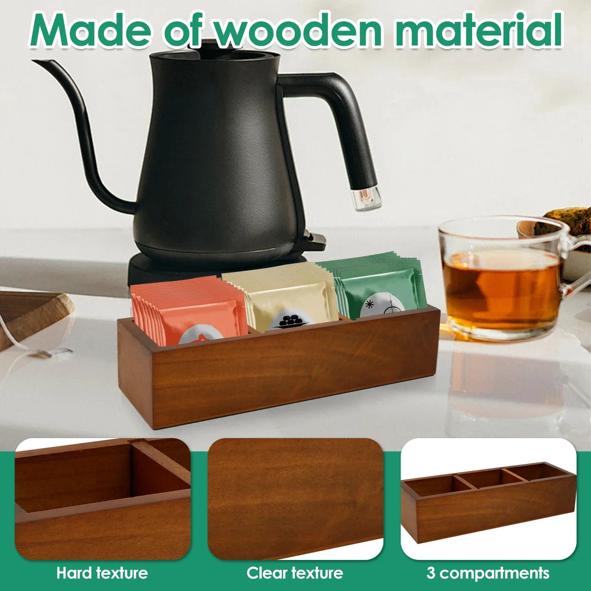 Wooden Tea Bag Organizer Box with Removable Dividers – 3 Slots