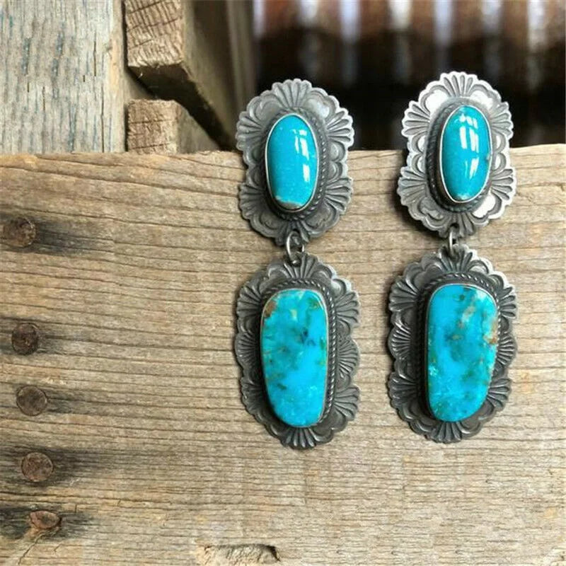 Vintage Turquoise Glass Zircon Dangle Stud Earrings | Gift