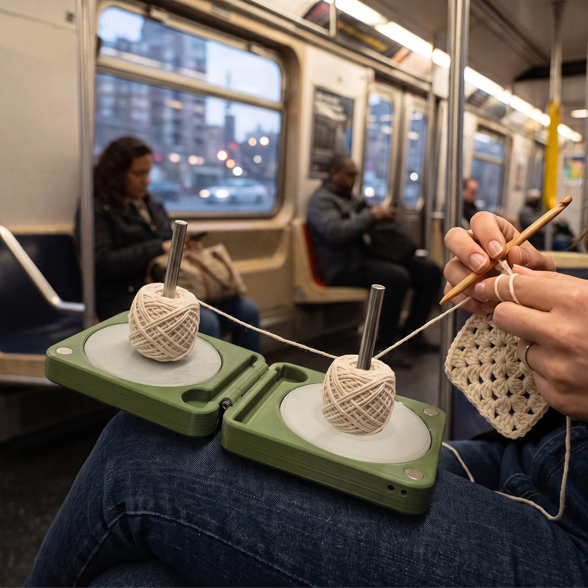 Foldable Portable Yarn Holder with Dual Spindles & Crochet Hooks