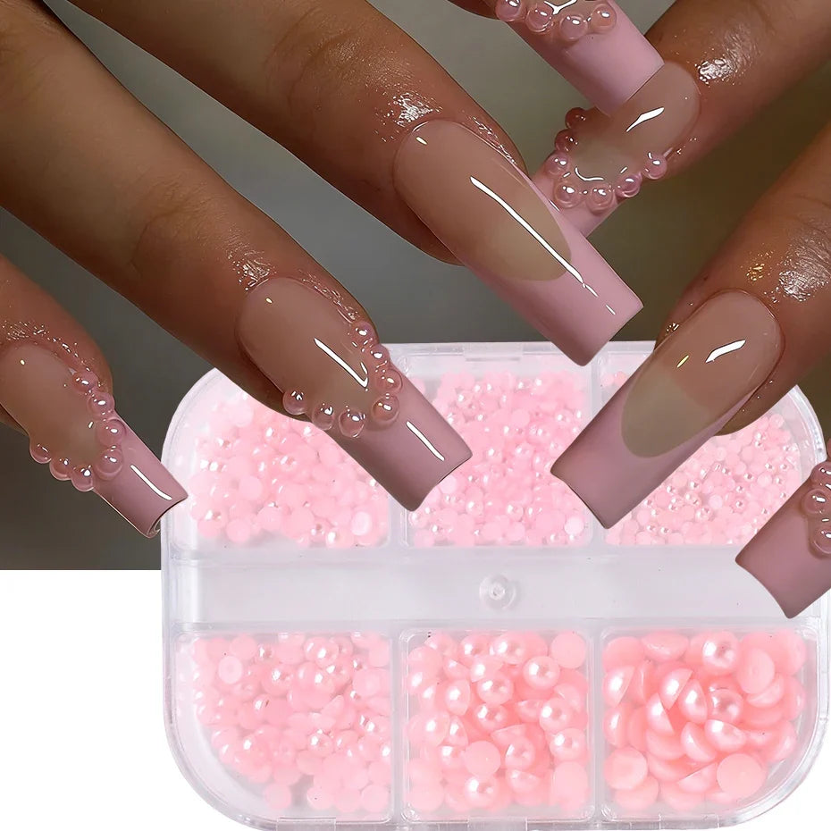 Pink Nail Pearl Beads – 6-Grid Flat Semicircle Rhinestone Gems