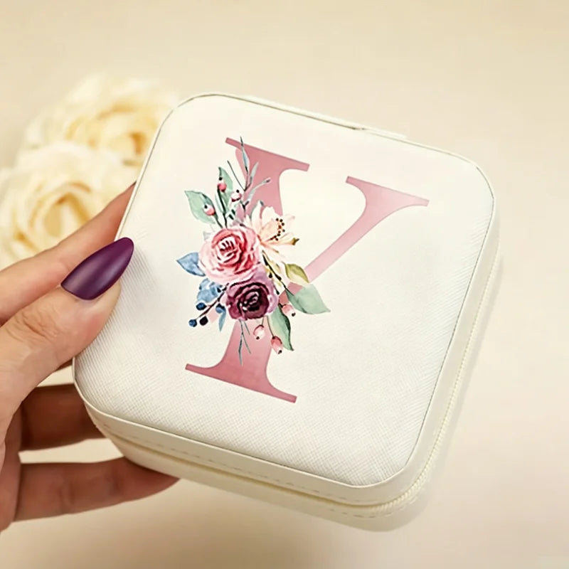White Floral PU Leather Jewelry Box – A-Z Ring & Earring Organizer