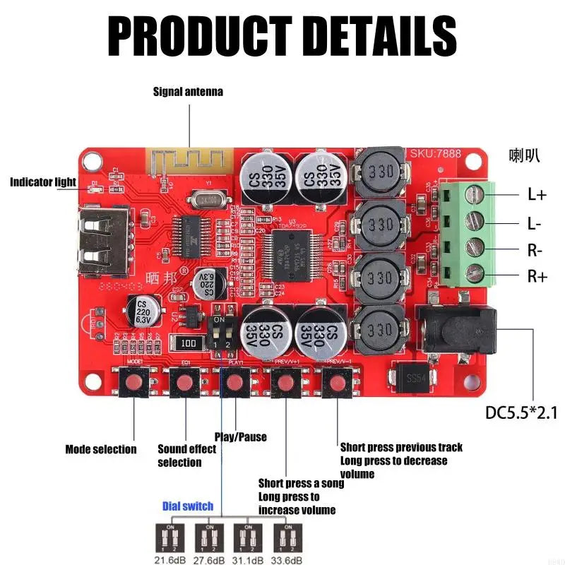 Stereo Bluetooth Amplifier Board 2×25W Desktop Speaker Module