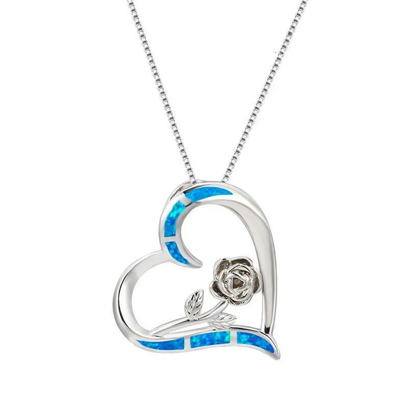 Women's Simulated Opal Rose Flower Heart Pendant Necklace