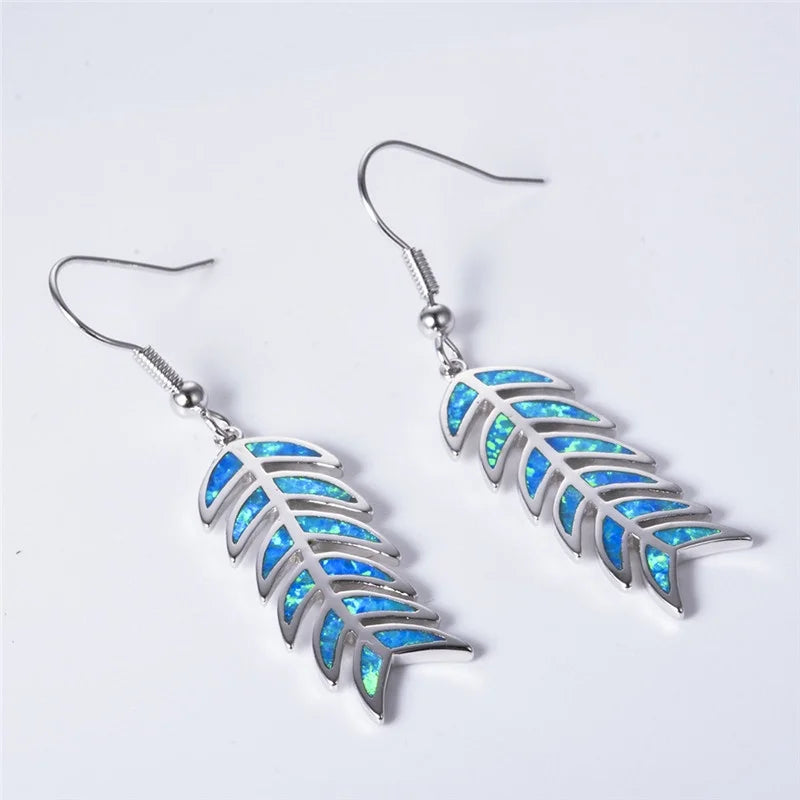 Vintage Simulated Opal Feather Dangle Drop Earrings | Retro