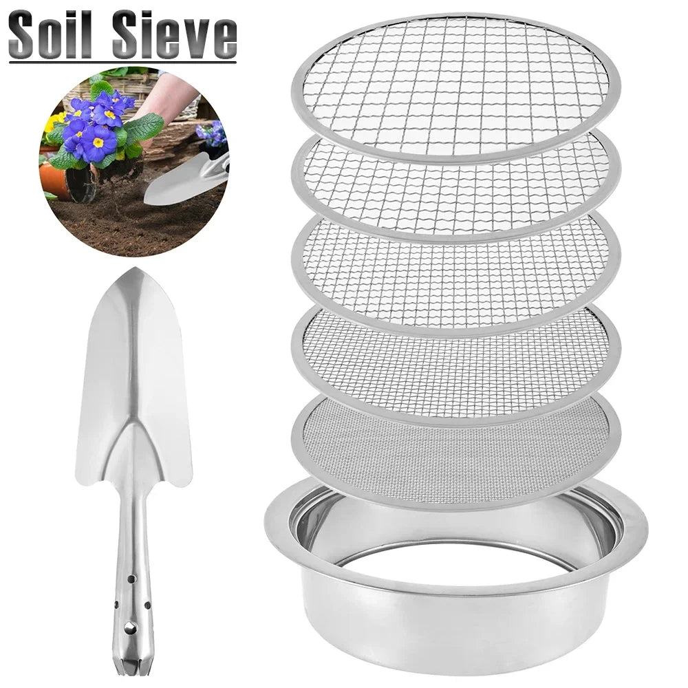 Stainless Steel Soil Sieve Set – 5 Interchangeable Meshes 9.45"