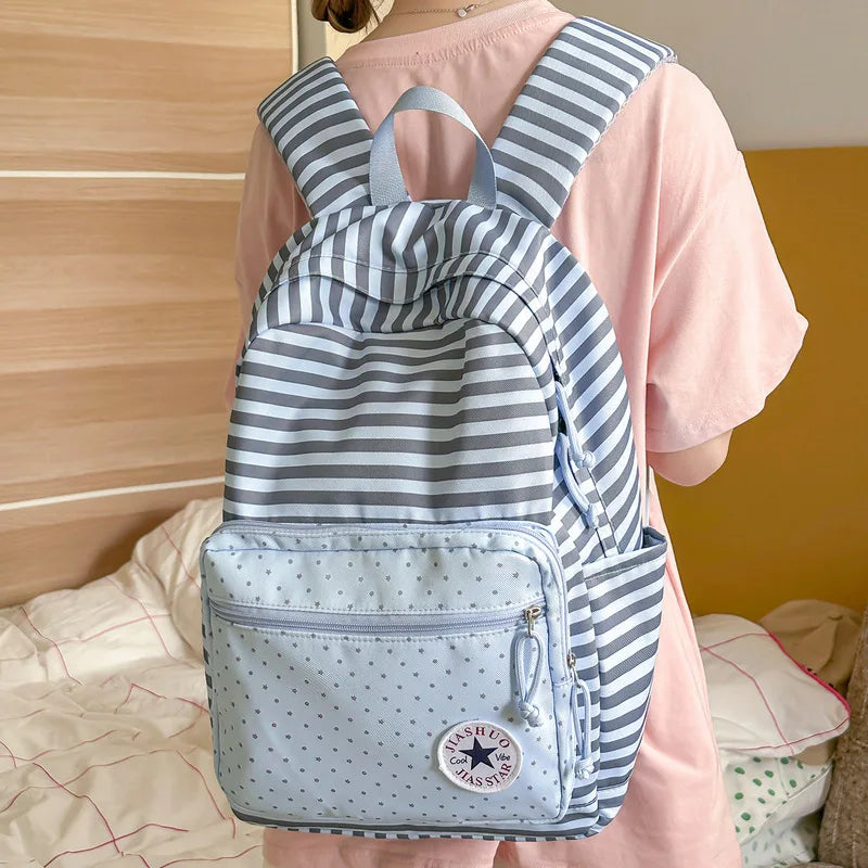 Korean Striped Patchwork Backpack – Large Capacity School Bag