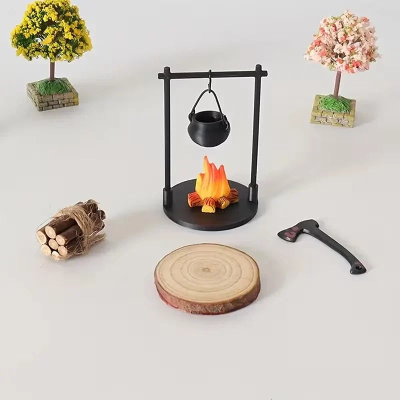 Fantasy Miniature Campfire & Teapot Resin Sculpture Decor