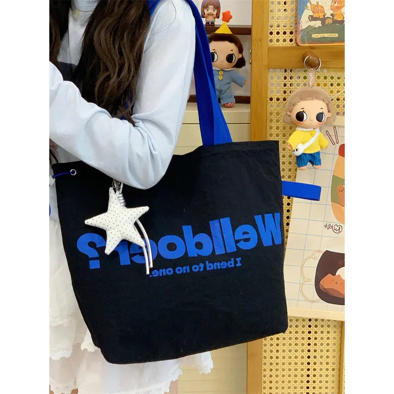 Korean Color-Block Canvas Tote Bag – Large Drawstring Shoulder Bag