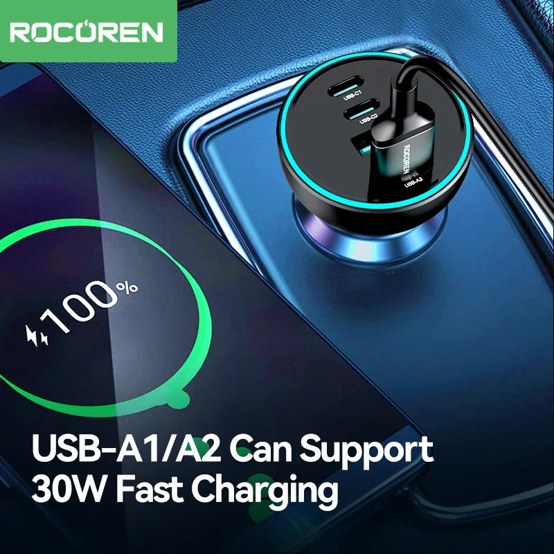 Rocoren 70W 4-in-1 Car Charger USB-C QC4.0 PD3.0 Fast Charge