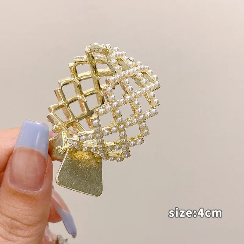 Korean Pearl Crystal Hair Claw Clips – Geometric Style