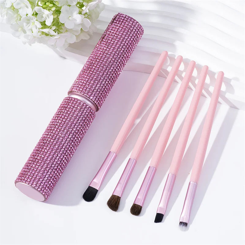 5-Piece Eye Makeup Brush Set with Rhinestone Storage Case