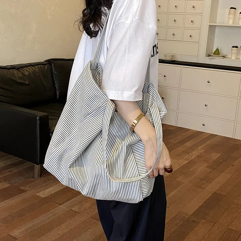 Women's Striped Canvas Tote Bag – Large Shoulder Bag