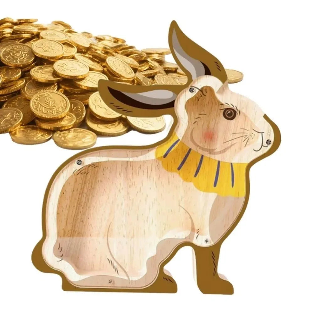 Wooden Animal Coin Bank – Rabbit & Chick Money Box Décor