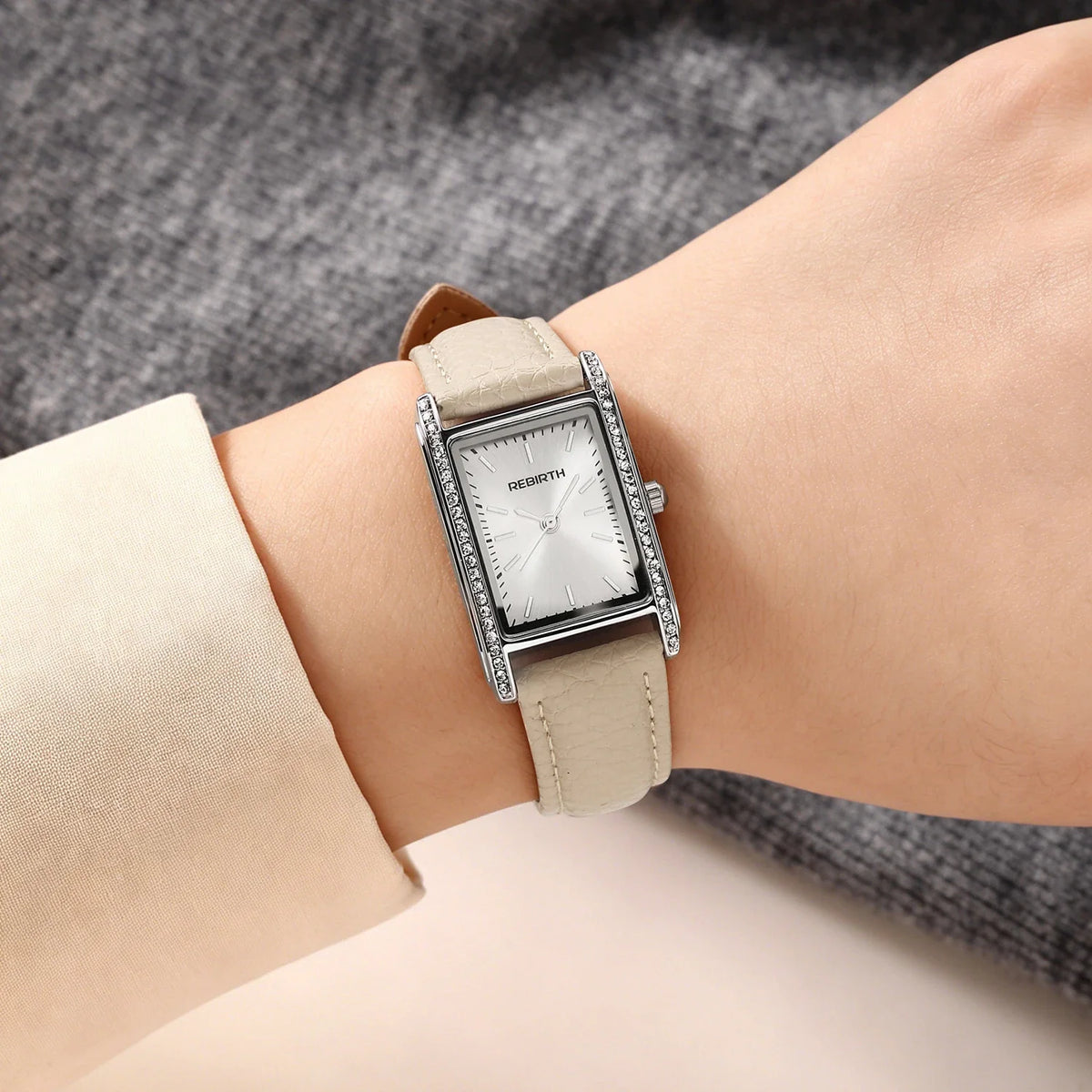 REBIRTH Women's Slim Square Dial Quartz Watch – Leather Strap