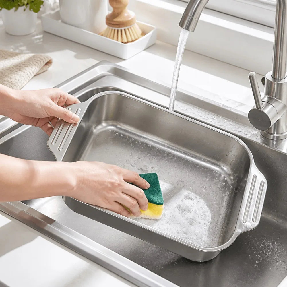 Stainless Steel Deep Baking Pan with Handles & Sponge