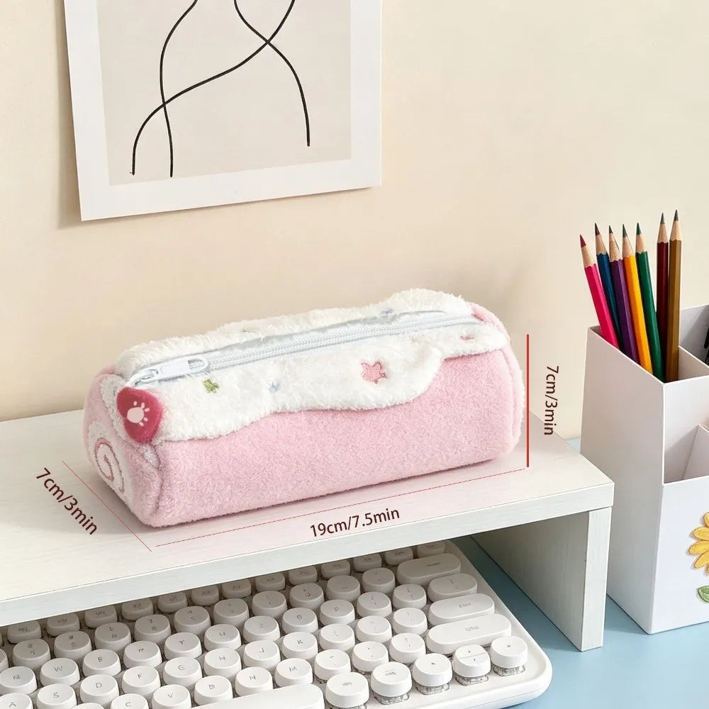 Kawaii Swiss Roll Plush Pencil Case – Star Embroidery Bag