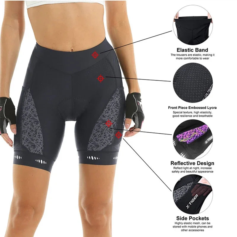 X-TIGER Women's 5D Padded Cycling Bib Shorts | Side Pockets