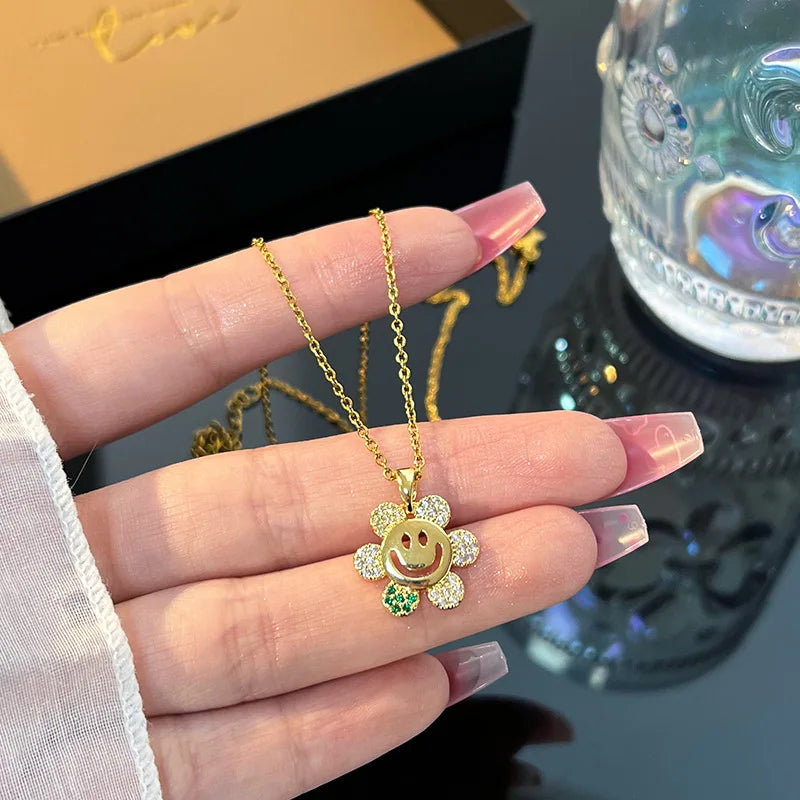 Sunflower Pendant Necklace – Gold Copper & Zircon for Women