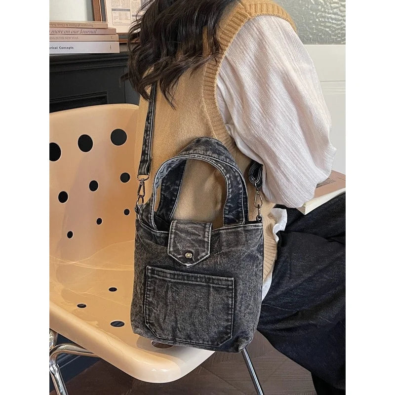 Denim Vintage Bucket Bag for Women – Casual Daily Handbag