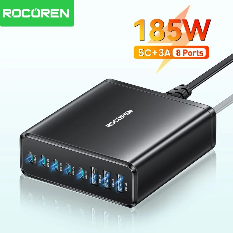 Rocoren 185W 8-in-1 USB-C Multi-Port Desktop Fast Charger