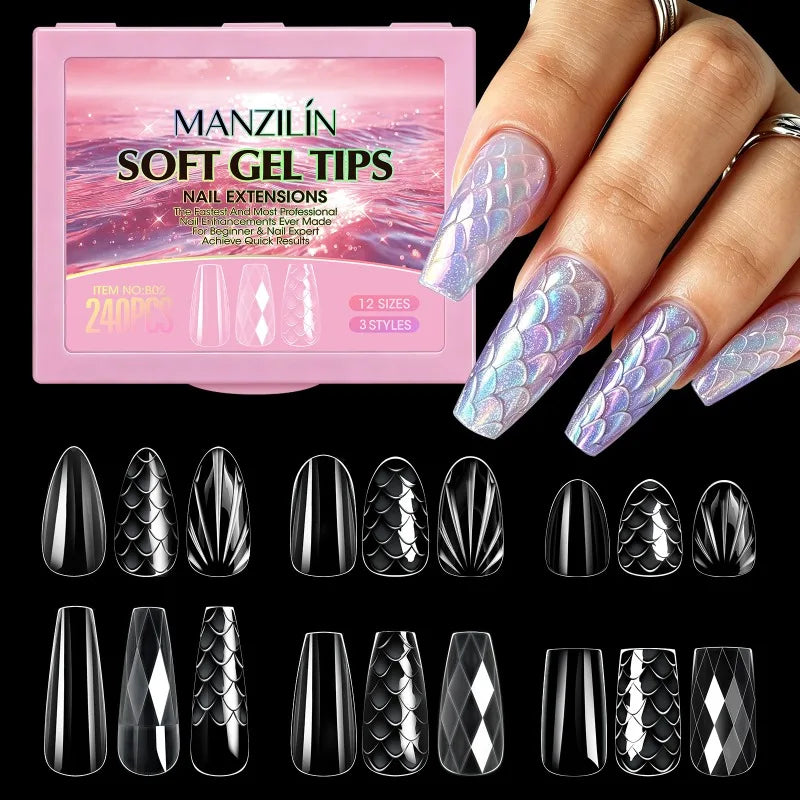 3D Fish Scale Press On Nails 240Pcs – Short Almond Soft Gel