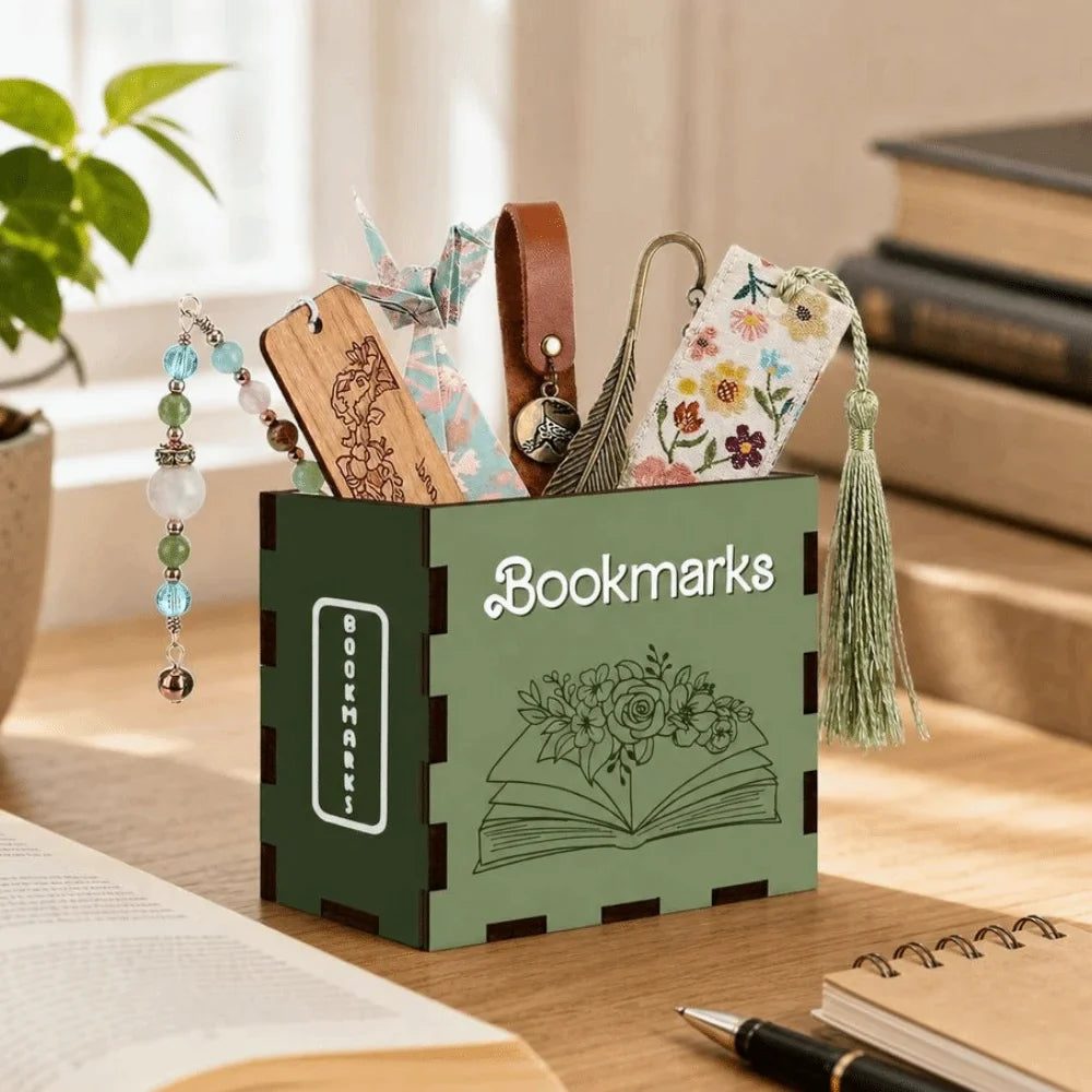 Wood Book-Shaped Bookmark Storage Box & Desktop Pen Organizer