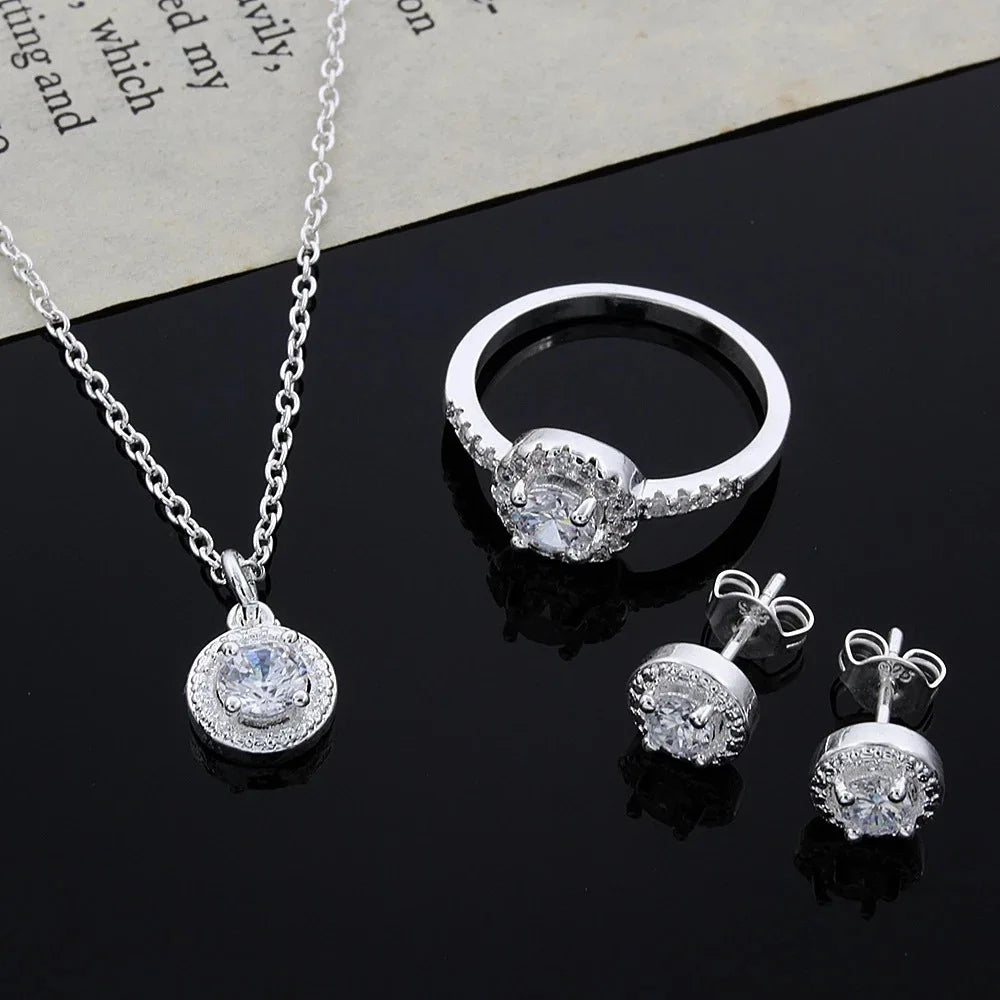 Zircon Crystal Silver Necklace Ring & Earrings 3-Piece Set