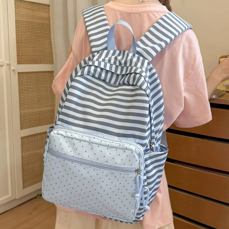 Korean Striped Patchwork Backpack – Large Capacity School Bag