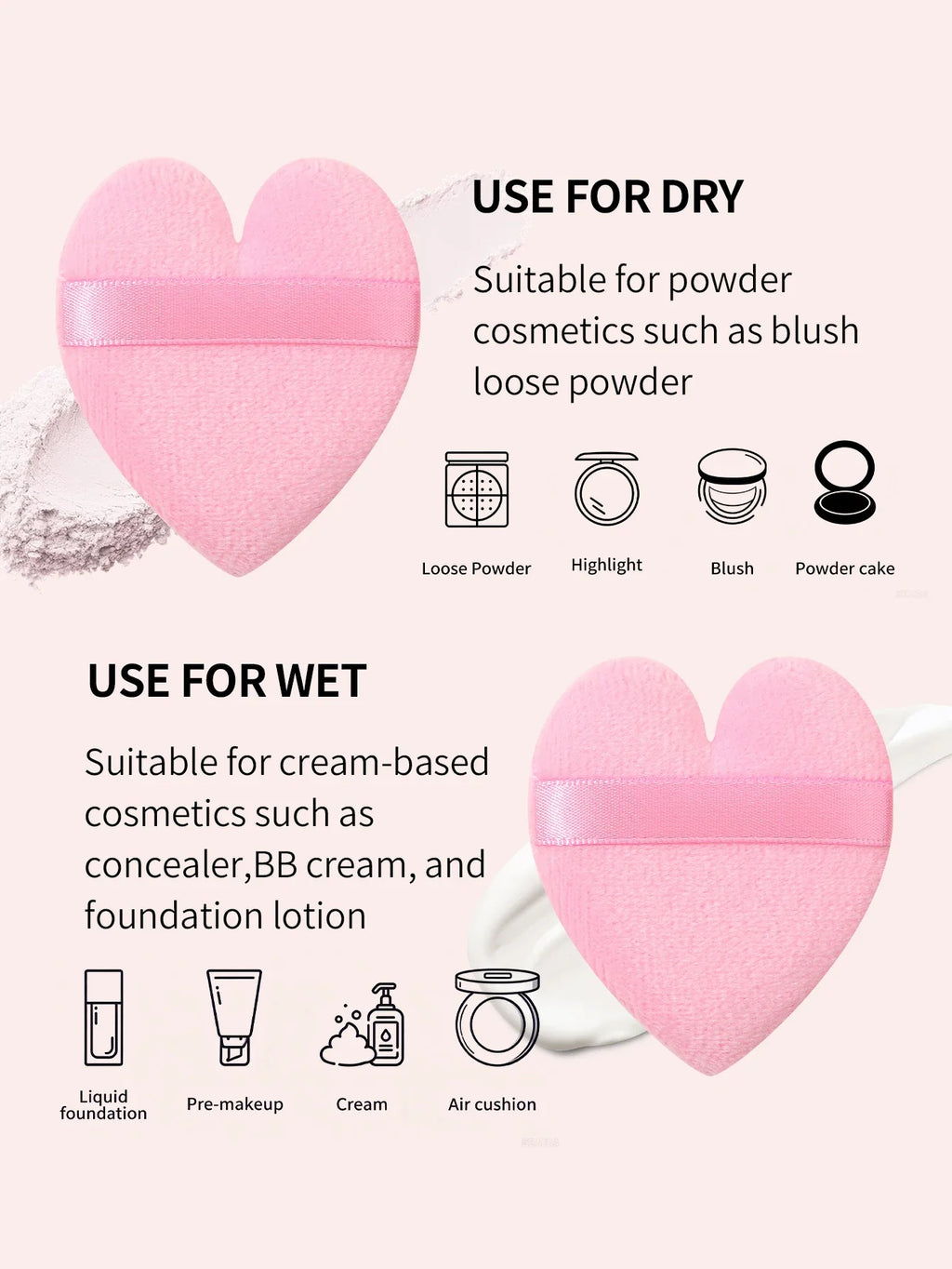 Heart Shaped Plush Makeup Puff with Strap – Set of 3 | Nixie