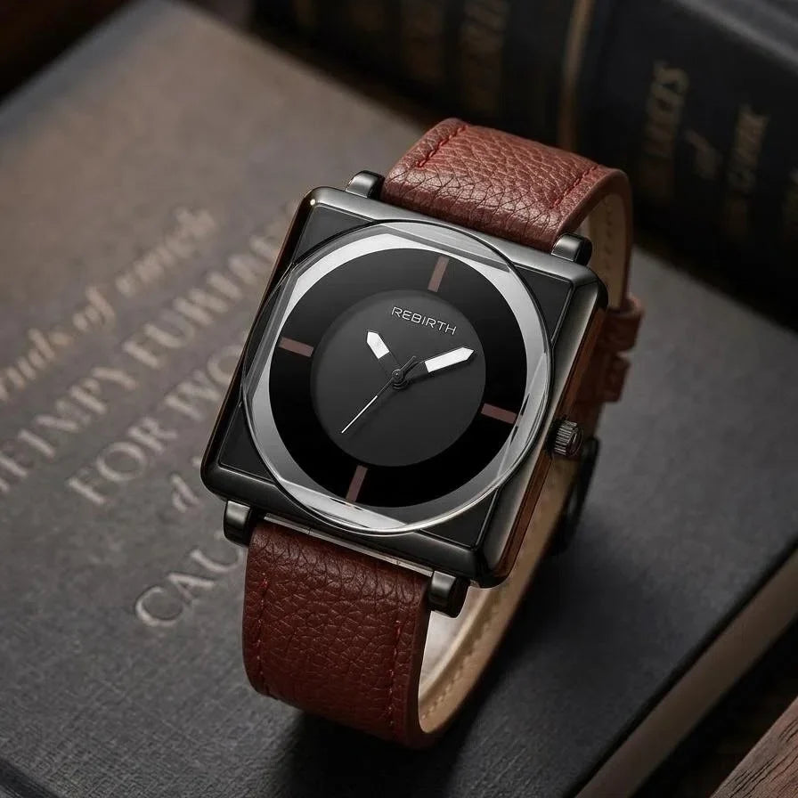 REBIRTH Women's Retro Square Quartz Watch – Leather Strap