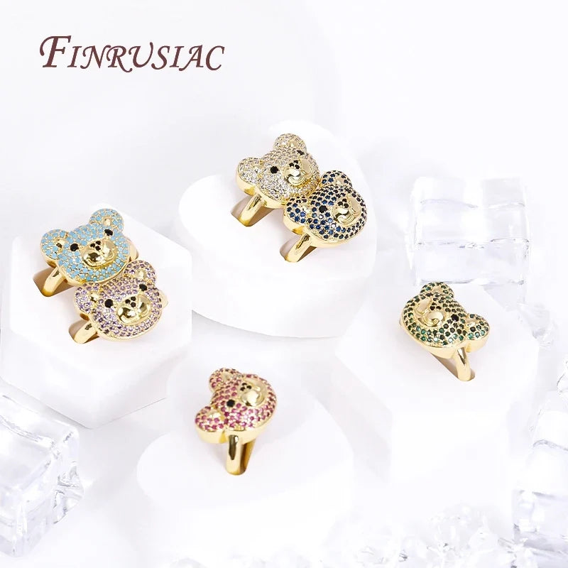 18K Gold Plated Zircon Bear Ring – Adjustable Open Ring