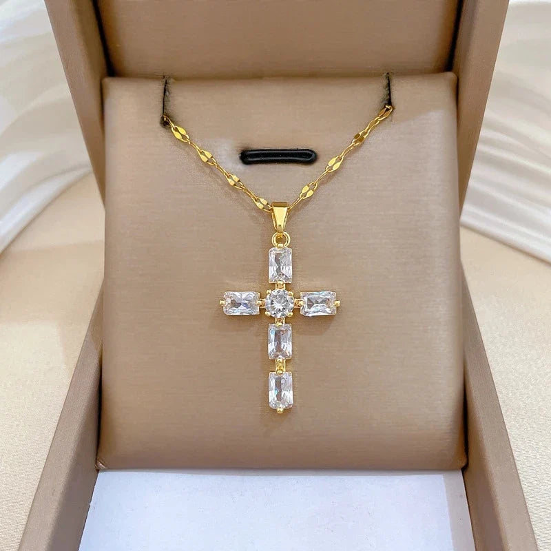 Women's Gold Cross Pendant Necklace – Stainless Steel Choker